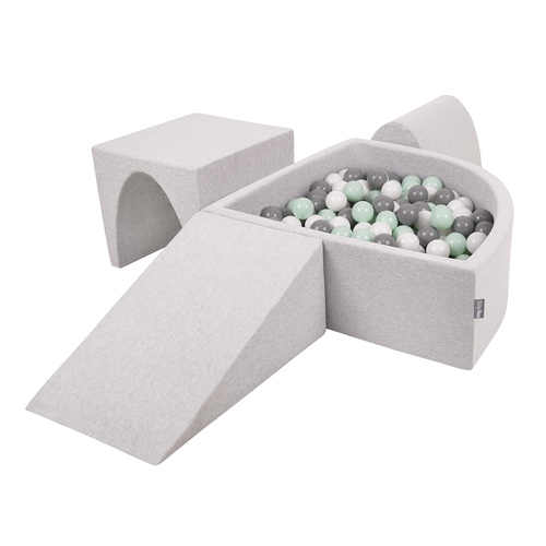 KiddyMoon Foam Playground for Kids with Quarter Angular Ballpit and Balls, lightgrey:white/grey/mint, Ballpit (300 Balls) + Version 2