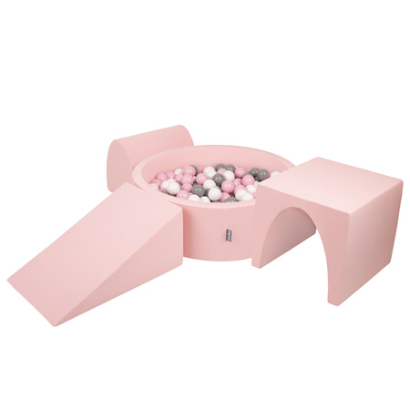 KiddyMoon Foam Playground for Kids with Round Ballpit (Balls ∅ 7cm/2.75In) Soft Obstacles Course and Ball Pool, Made In EU, pink:white/grey/powder pink, Ballpit (200 Balls) + Version 2