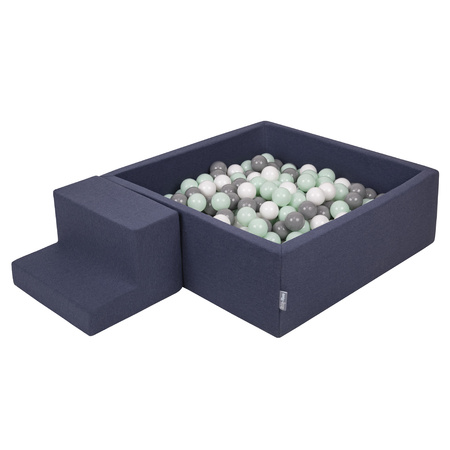 KiddyMoon Foam Playground for Kids with Square Ballpit ( ∅ 7cm/2.75In) Soft Obstacles Course and Ball Pool, Certified Made In The EU, darkblue:white/grey/mint, Ballpit (100 Balls) + Steps