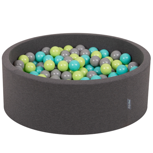 KiddyMoon Baby Foam Ball Pit with Balls ∅ 7cm / 2.75in Made in EU, dark grey:light green/light turquoise/grey, 90 x 30 cm / 300 Balls