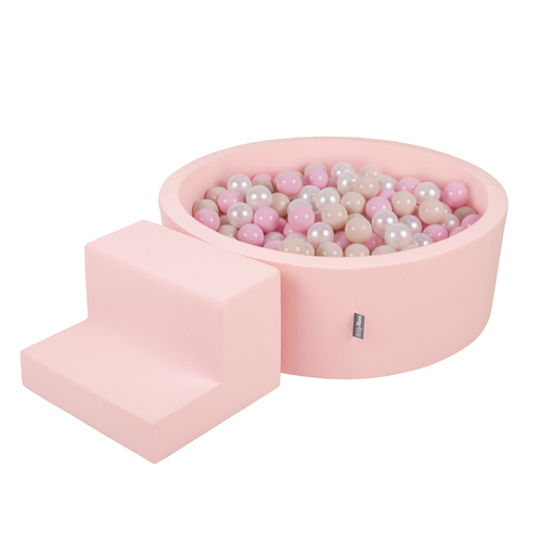 KiddyMoon Foam Playground for Kids with Round Ball pit (200 Balls ∅ 7cm/2.75In) Soft Obstacles Course and Ball Pool, Certified Made In The EU, pink:pastel beige/powder pink/pearl, Ballpit (200 Balls) + Steps