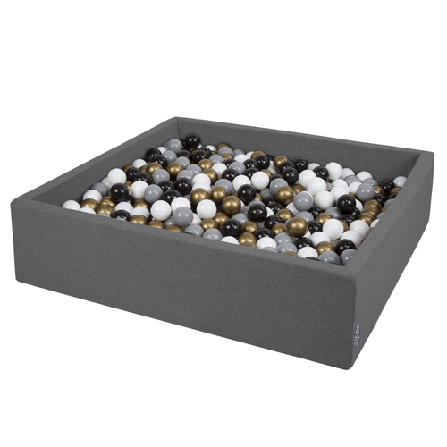 KiddyMoon Soft Ball Pit Square  ∅ 7Cm / 2.75In For Kids, Foam Ball Pool Baby Playballs Children, Made In The EU, dark grey:white-grey-black-gold, 120x30cm/200 balls
