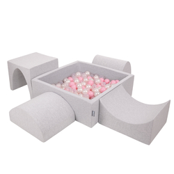 KiddyMoon Foam Playground for Kids with Square Ball pit ( ∅ 7cm/2.75In) Soft Obstacles Course and Ball Pool, Certified Made In The EU, lightgrey:powderpink/pearl/transparent, Ballpit (200 Balls) + Version 1