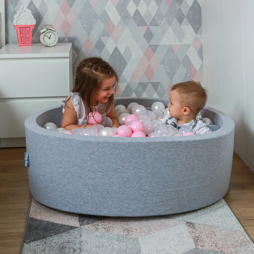 KiddyMoon Baby Foam Ball Pit with Balls ∅ 7cm / 2.75in Made in EU, light grey:light pink/pearl/transparent, 90x30cm/300 balls