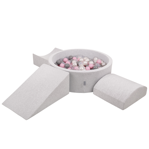 KiddyMoon Foam Playground for Kids with Round Ballpit ( ∅ 7cm/2.75In) Soft Obstacles Course and Ball Pool, Certified Made In The EU, lightgrey:pearl/grey/transparent/powderpink, Ballpit (200 Balls) + Version 4