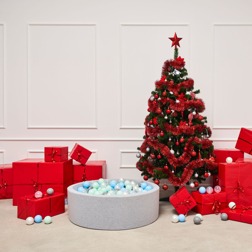 KiddyMoon Baby Foam Ball Pit with Balls ∅ 7cm / 2.75in Made in EU, light grey:pearl/grey/transparent/baby blue/mint, 90 x 30 cm / 300 Balls