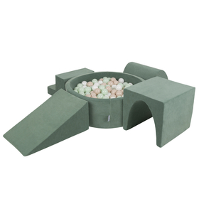 KiddyMoon Foam Playground Velvet for Kids with Round Ballpit ( ∅ 7cm/2.75In) Soft Obstacles Course and Ball Pool, Certified Made In The EU, forest green:pastel beige/white/mint, Ballpit (200 Balls) + Version 3