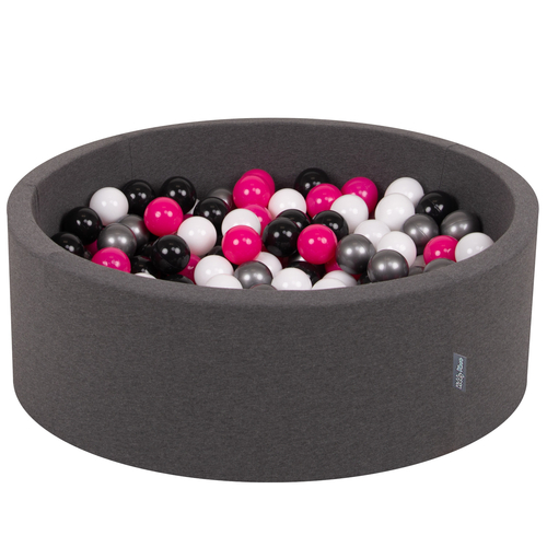 KiddyMoon Baby Foam Ball Pit with Balls ∅ 7cm / 2.75in Made in EU, dark grey:white/black/silver/dark pink, 90x30cm/200 balls