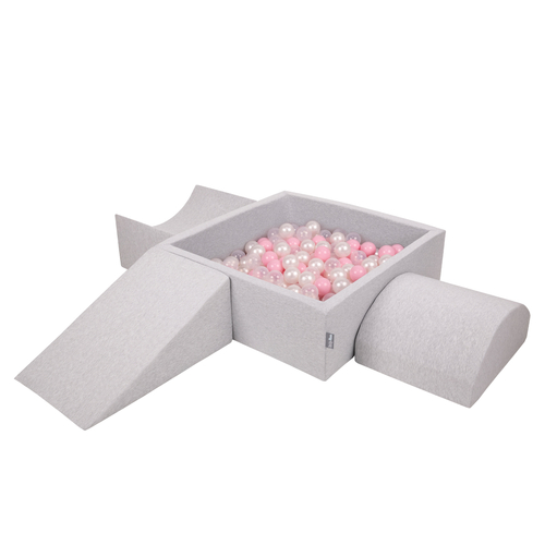 KiddyMoon Foam Playground for Kids with Square Ballpit ( ∅ 7cm/2.75In) Soft Obstacles Course and Ball Pool, Certified Made In The EU, lightgrey:powderpink/pearl/transparent, Ballpit (300 Balls) + Version 4