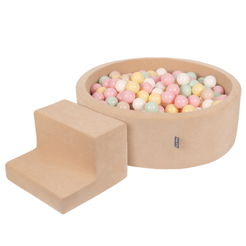 KiddyMoon Foam Playground Velvet for Kids with Round Ball pit (∅ 7cm/2.75In) Soft Obstacles Course and Ball Pool, Certified Made In The EU, Sand beige: pastel beige/pastel yellow/white/mint/powder pink, Ballpit (100 Balls) + Steps