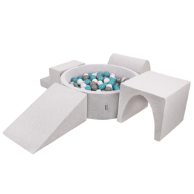 KiddyMoon Foam Playground for Kids with Round Ballpit ( ∅ 7cm/2.75In) Soft Obstacles Course and Ball Pool, Certified Made In The EU, lightgrey:grey/white/turquoise, Ballpit (300 Balls) + Version 3