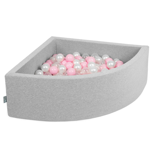 KiddyMoon Soft Ball Pit Quarter Angular ∅ 7cm / 2.75In for Kids, Foam Ball Pool Baby Playballs, Made In The EU, light grey:light pink/pearl/transparent, 90x30cm/300 balls