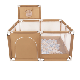 square play pen filled with plastic balls basketball, beige:pastel beige/pastel blue/white, 100 balls