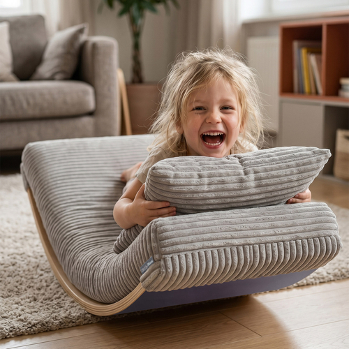 KiddyMoon Balance Board for Kids with Mattress and Pillow Wooden Sensory Wobble Board, natural/light grey, Balance Board/Mattress/Pillow