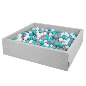 KiddyMoon Soft Ball Pit Square  ∅ 7Cm / 2.75In For Kids, Foam Ball Pool Baby Playballs Children, Made In The EU, light grey:grey-white-turquoise, 120x30cm/300 balls