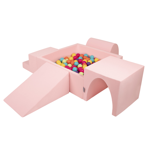 KiddyMoon Foam Playground for Kids with Square Ball pit ( ∅ 7cm/2.75In) Soft Obstacles Course and Ball Pool, Certified Made In The EU, pink:lgreen/yellow/turquoise/orange/dpink/purple, Ballpit (200 Balls) + Version 3