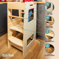 KiddyMoon Toddler Learning Tower, Montessori Kitchen Step Stool, Height Adjustable (3 Levels), Safety Rail, Natural, 91,5x39,3x49,4
