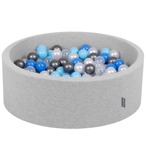 KiddyMoon Baby Foam Ball Pit with Balls ∅ 7cm / 2.75in Made in EU, light grey:pearl/blue/baby blue/transparent/silver, 90 x 30 cm / 200 Balls