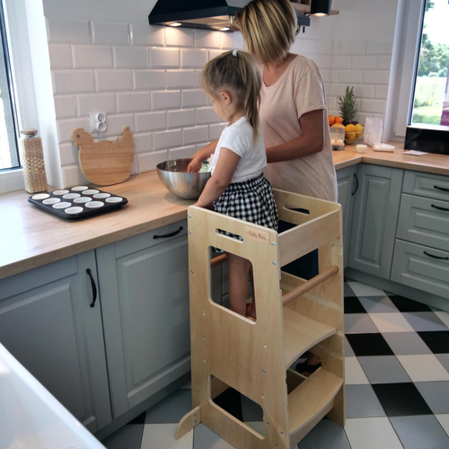KiddyMoon Toddler Learning Tower, Montessori Kitchen Step Stool, Height Adjustable (3 Levels), Safety Rail, Natural, 91,5x39,3x49,4