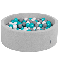KiddyMoon Baby Foam Ball Pit with Balls ∅ 7cm / 2.75in Made in EU, light grey:grey/white/turquoise, 90 x 30 cm / 300 Balls