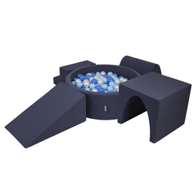 KiddyMoon Foam Playground for Kids with Round Ballpit ( ∅ 7cm/2.75In) Soft Obstacles Course and Ball Pool, Certified Made In The EU, darkblue:babyblue/blue/pearl, Ballpit (300 Balls) + Version 3