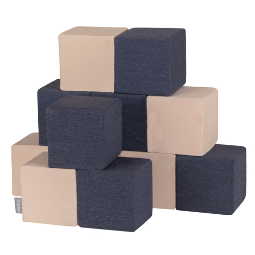 KiddyMoon Soft Foam Building Blocks for Babies & Toddlers, Washable Cotton Zip Cover, 14cm Cubes, Sensory Toy, cubes: dark blue-beige, 12 Pieces