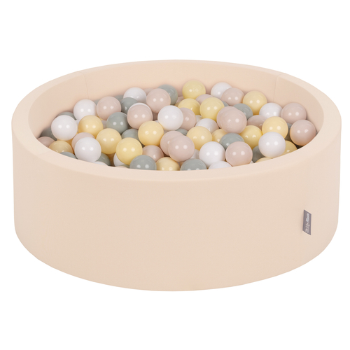 KiddyMoon Baby Foam Ball Pit with Balls ∅ 7cm / 2.75in, beige: pastel beige/green-grey/pastel yellow/white, 90x30cm/200 balls