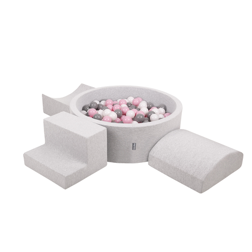 KiddyMoon Foam Playground for Kids with Round Ball pit ( ∅ 7cm/2.75In) Soft Obstacles Course and Ball Pool, Certified Made In The EU, lightgrey:white/grey/powderpink, Ballpit (200 Balls) + Version 6