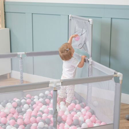 square play pen filled with plastic balls basketball, green:turquoise/blue/yellow/transparent, 100 balls