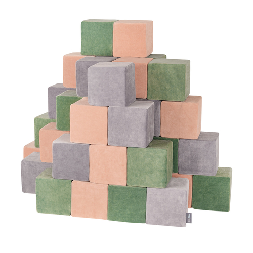 KiddyMoon velvet foam cubes for kids 14cm soft, cubes:forest green-desert pink- grey mountains, 48 Pieces