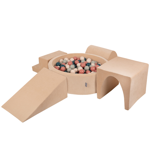 KiddyMoon Foam Playground Velvet for Kids with Round Ball pit ( ∅ 7cm/2.75In) Soft Obstacles Course and Ball Pool, Certified Made In The EU, Sand beige: dark turquoise/pastel beige/green/grey/salmon, Ballpit (200 Balls) + Version 3