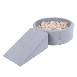KiddyMoon Foam Playground For Kids Soft Textured Safe Blocks, dark grey: pastel beige/white/perle, Ballpit (200 Balls) + Wedge