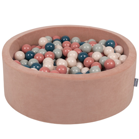 KiddyMoon Soft Ball Pit Round ∅ 7cm / 2.75In for Kids, Foam Velvet Ball Pool Baby Playballs, Made In The EU, desert pink:dark turquoise/pastel beige/greygreen/salmon pink, 90x30cm/200 balls