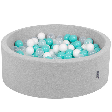 KiddyMoon Baby Foam Ball Pit with Balls ∅ 7cm / 2.75in Made in EU, light grey:light turquoise/white/transparent, 90x30cm/300 balls