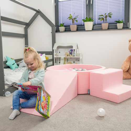 KiddyMoon Foam Playground for Kids with Round Ball pit ( ∅ 7cm/2.75In) Soft Obstacles Course and Ball Pool, Certified Made In The EU, pink:pastel beige/light pink/pearl, Ballpit (300 Balls) + Version 6