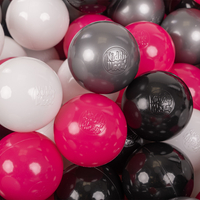 KiddyMoon Soft Plastic Play Balls ∅ 7cm/2.75in Multi-colour Made in EU, white/black/silver/dark pink, 100 Balls/7cm-2.75in