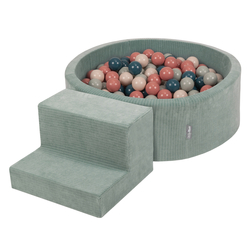 KiddyMoon Foam Playground For Kids Soft Textured Safe Blocks, green: dark turquoise/pastel beige/greygreen/salmon pink, Ballpit (200 Balls) + Steps