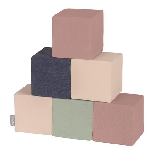 KiddyMoon Soft Foam Building Blocks for Babies & Toddlers, Washable Cotton Zip Cover, 14cm Cubes, Sensory Toy, cubes: heather-dark blue-beige-sage, 6 Pieces