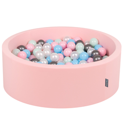 KiddyMoon Baby Foam Ball Pit with Balls ∅ 7cm / 2.75in Made in EU, pink:pearl/light pink/baby blue/mint/silver, 90 x 30 cm / 200 Balls