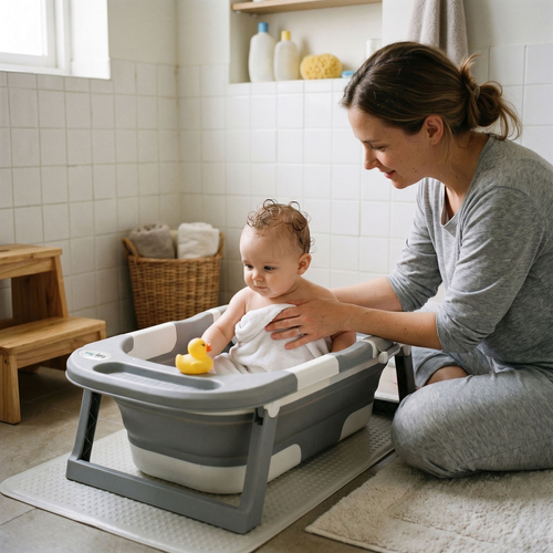 KiddyMoon Foldable Baby Bathtub Plastic Infant Bath Tub, Grey, M