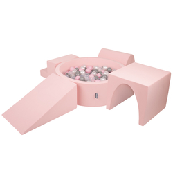 KiddyMoon Foam Playground for Kids with Round Ballpit ( ∅ 7cm/2.75In) Soft Obstacles Course and Ball Pool, Made In The EU, pink:pearl/grey/transparent/powder pink, Ballpit (300 Balls) + Version 3