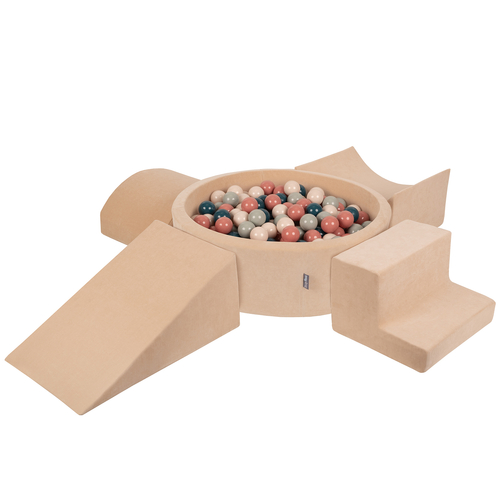 KiddyMoon Foam Playground Velvet for Kids with Round Ballpit ( ∅ 7cm/2.75In) Soft Obstacles Course and Ball Pool, Certified Made In The EU, Sand beige: dark turquoise/pastel beige/green/grey/salmon