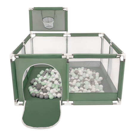 square play pen filled with plastic balls basketball, green:white/grey/mint, 100 balls