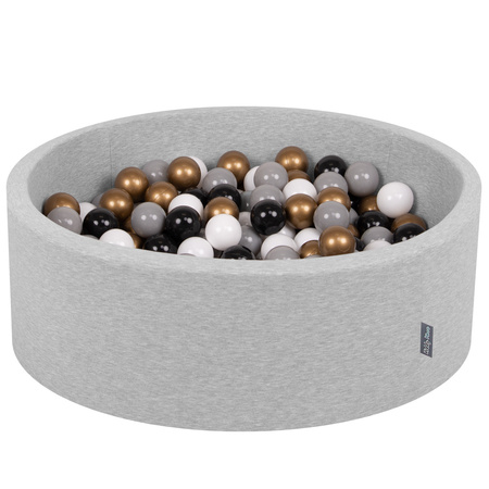 KiddyMoon Baby Foam Ball Pit with Balls ∅ 7cm / 2.75in Made in EU, light grey:white/grey/black/gold, 90x30cm/200 balls