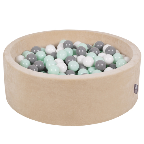 KiddyMoon Soft Ball Pit Round 7cm / 2.75In for Kids, Foam Velvet Ball Pool Baby Playballs, sand beige:white/grey/mint, 90 x 30 cm / 300 Balls