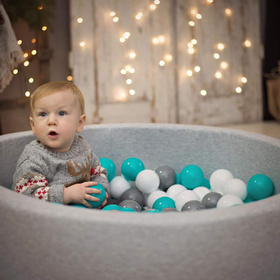 KiddyMoon Baby Foam Ball Pit with Balls ∅ 7cm / 2.75in Square Made in EU, light grey:grey/white/turquoise, 90x30cm/300 balls