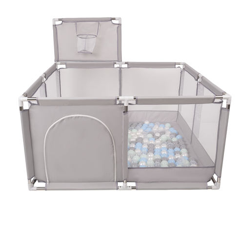 square play pen filled with plastic balls basketball, Grey:grey/pearl/transparent/babyblue/mint, 200 balls