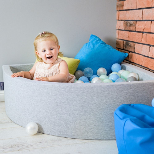 KiddyMoon Baby Foam Ball Pit with Balls ∅ 7cm / 2.75in Made in EU, light grey:pearl/grey/transparent/baby blue/mint, 90x30cm/200 balls