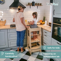 KiddyMoon Toddler Learning Tower, Montessori Kitchen Step Stool, Height Adjustable (3 Levels), Safety Rail, Natural, 91,5x39,3x49,4