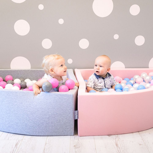 KiddyMoon Soft Ball Pit Quarter Angular ∅ 7cm / 2.75In for Kids, Foam Ball Pool Baby Playballs, Made In The EU, light grey:transparent/grey/white/pink/mint, 90x30cm/300 balls